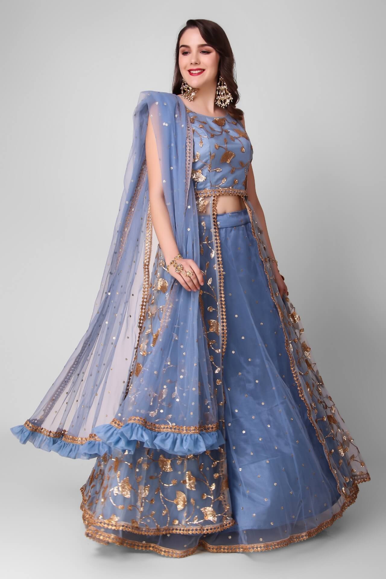 Dusty Blue Embroidered Jacket Lehenga | Ghera By Neera & Arushi