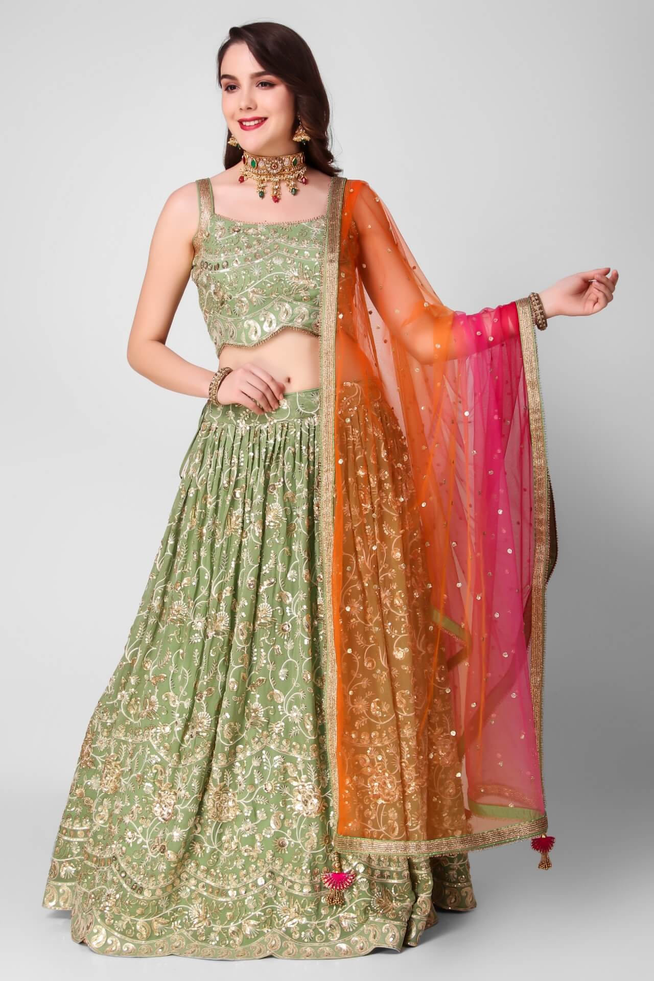 Sea Green & Pink Sea Green & Pink Lehenga by NIYOOSH for rent online |  FLYROBE