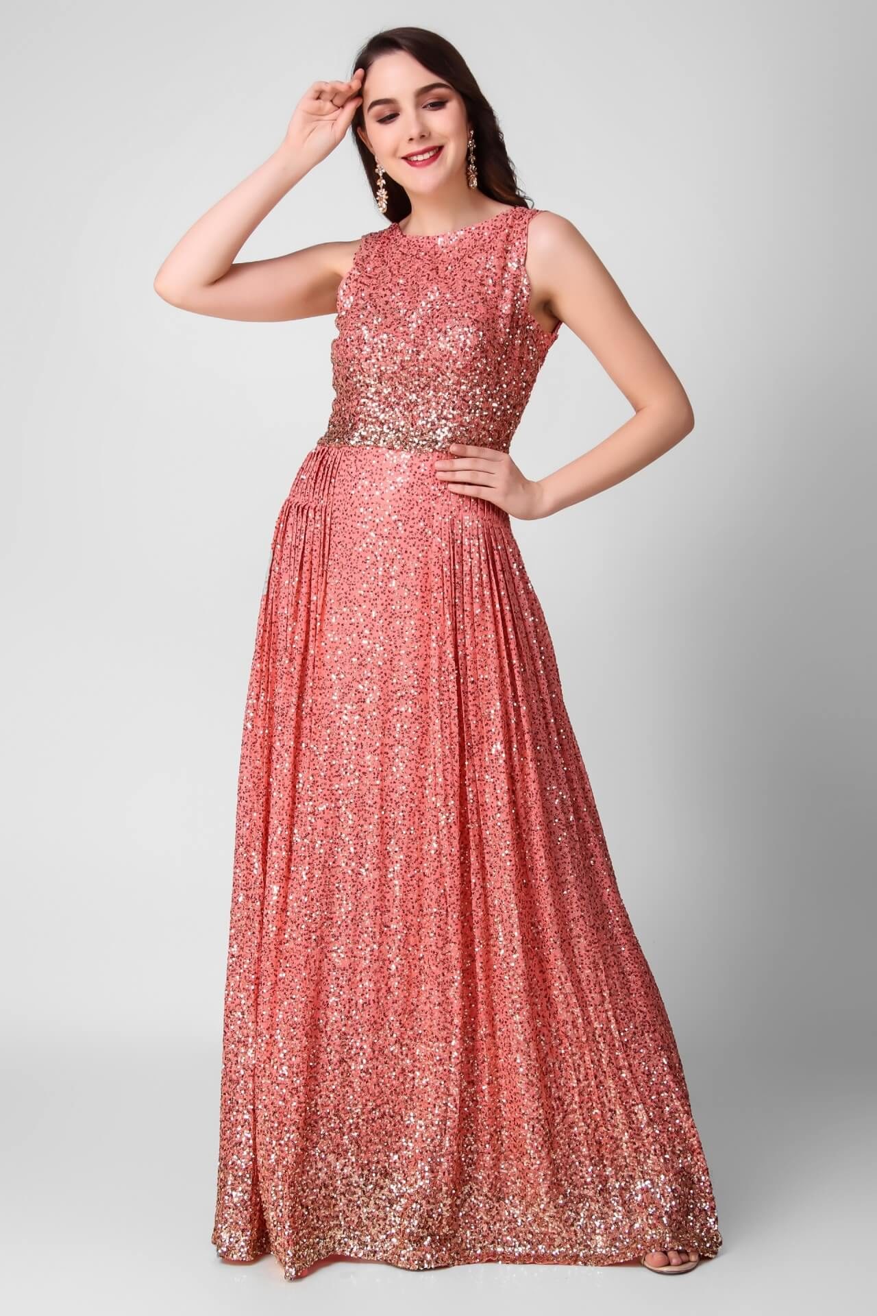Peach Sequins Stylish Gown