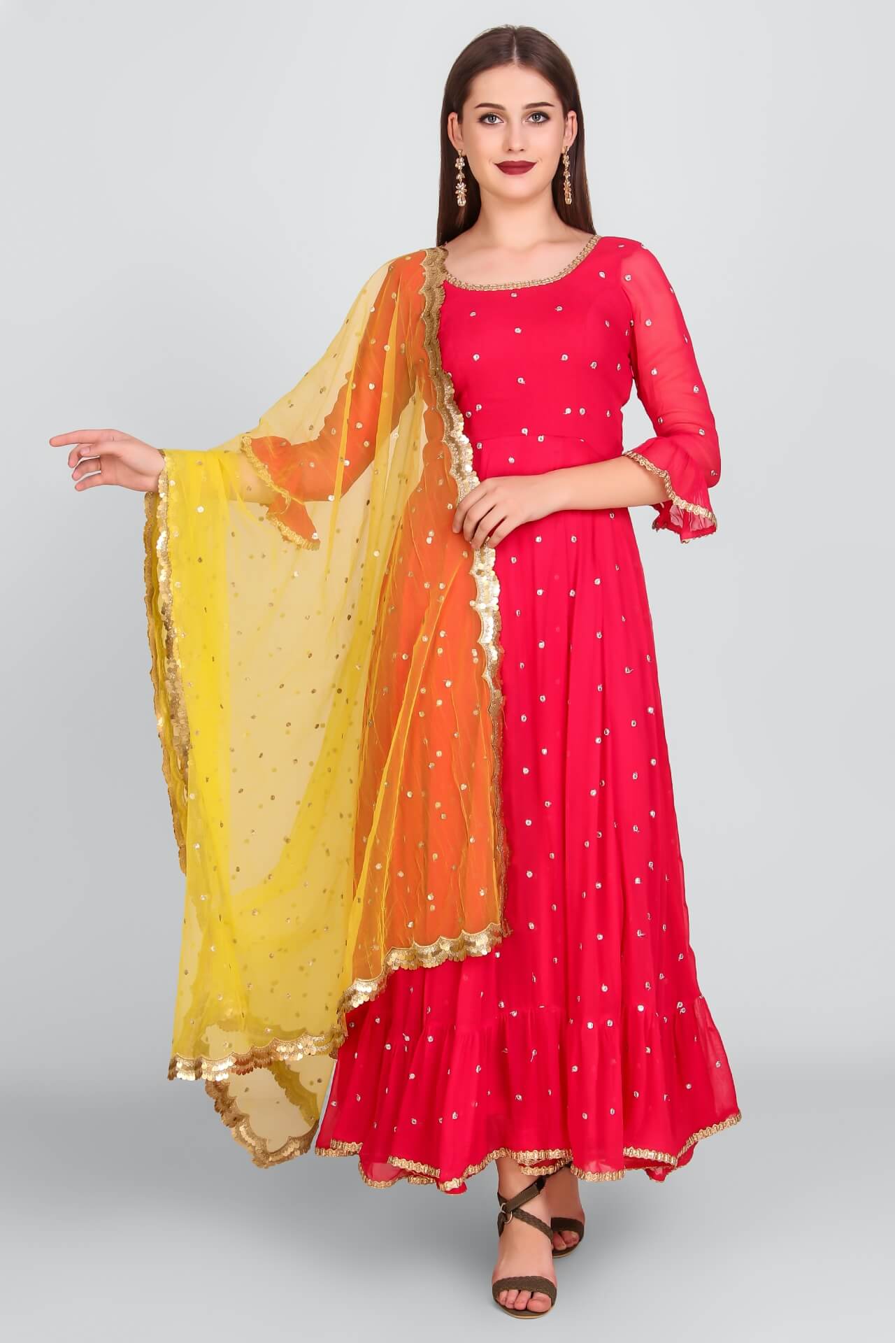 Hot Pink Mukaish Anarkali With Yellow Sequins Dupatta | Ghera By Neera ...