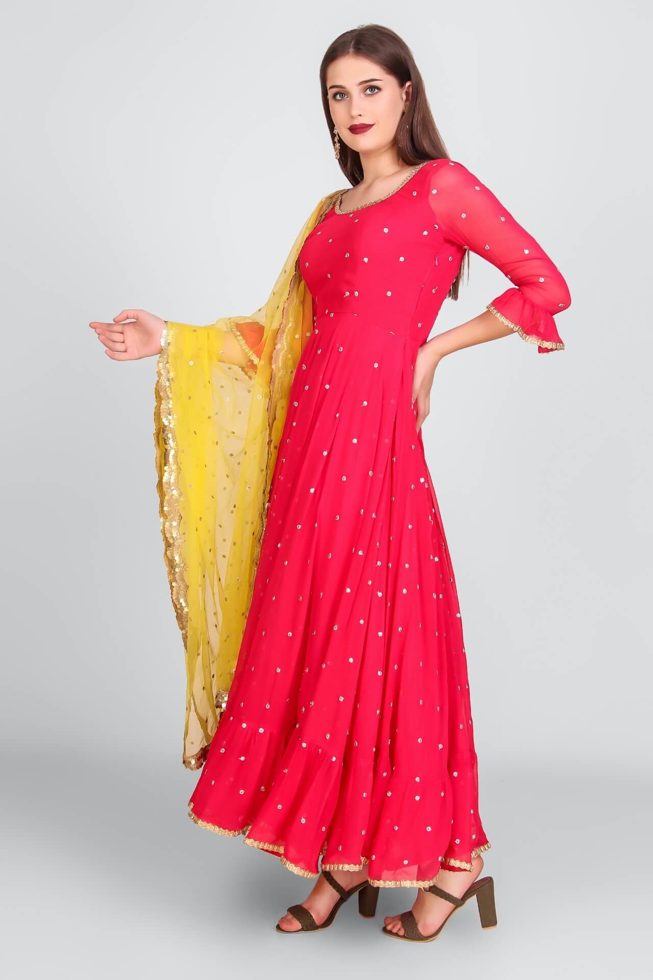 Hot Pink Mukaish Anarkali With Yellow Sequins Dupatta