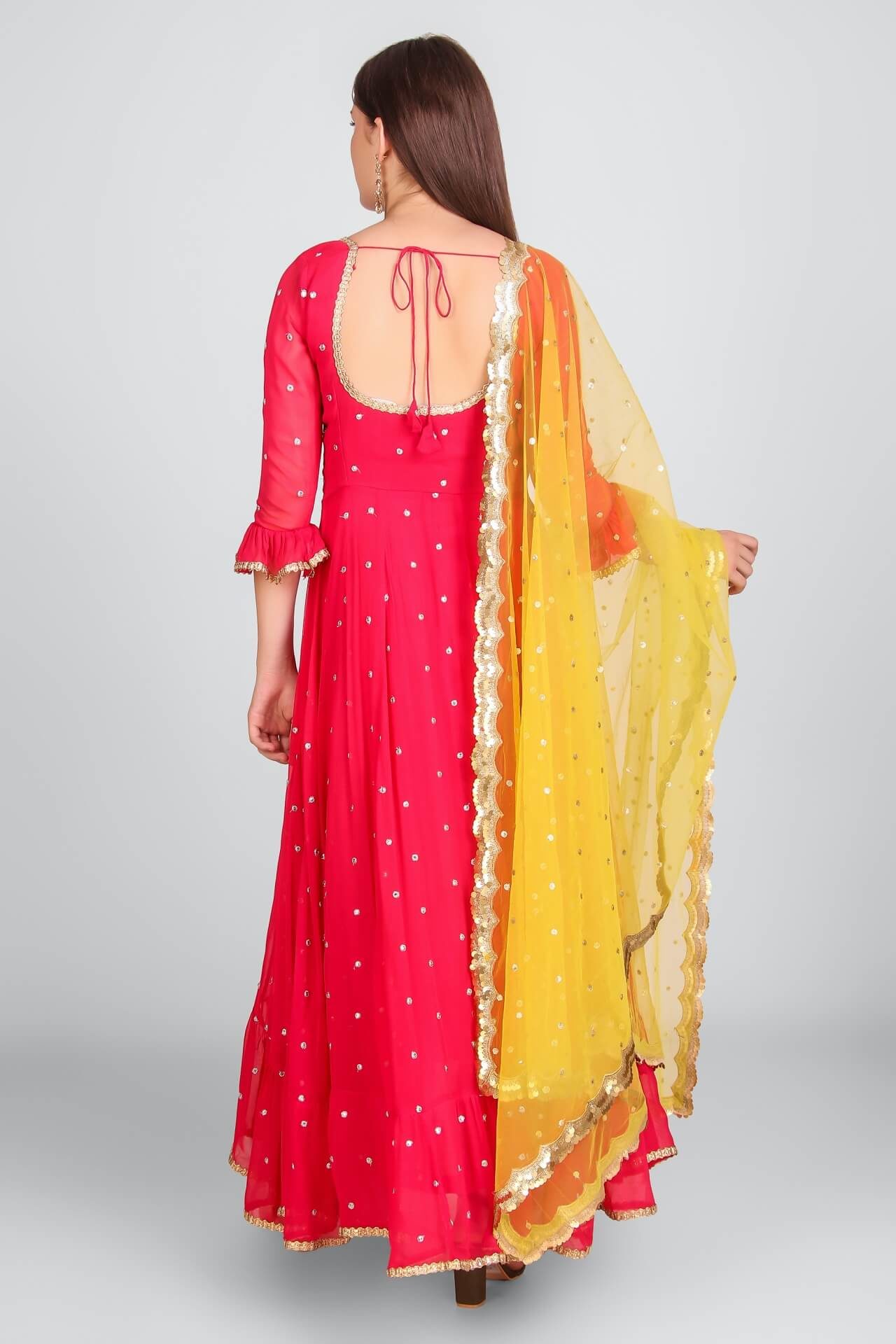 Hot Pink Mukaish Anarkali With Yellow Sequins Dupatta